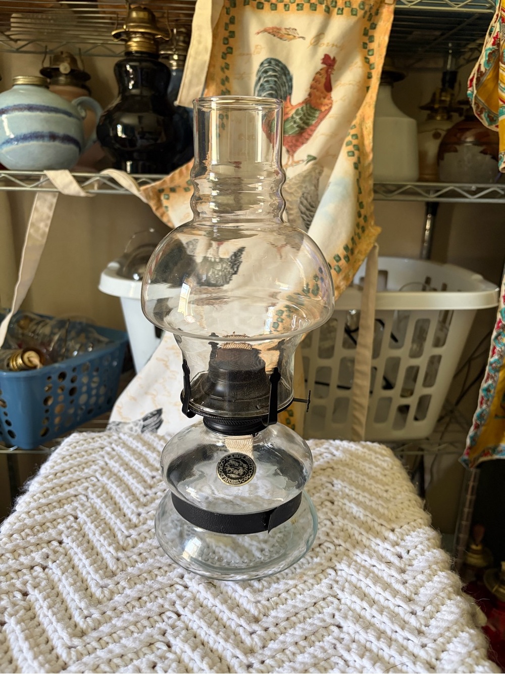 Vintage Lamplight Glass Oil Lamp with Black Metal Trim